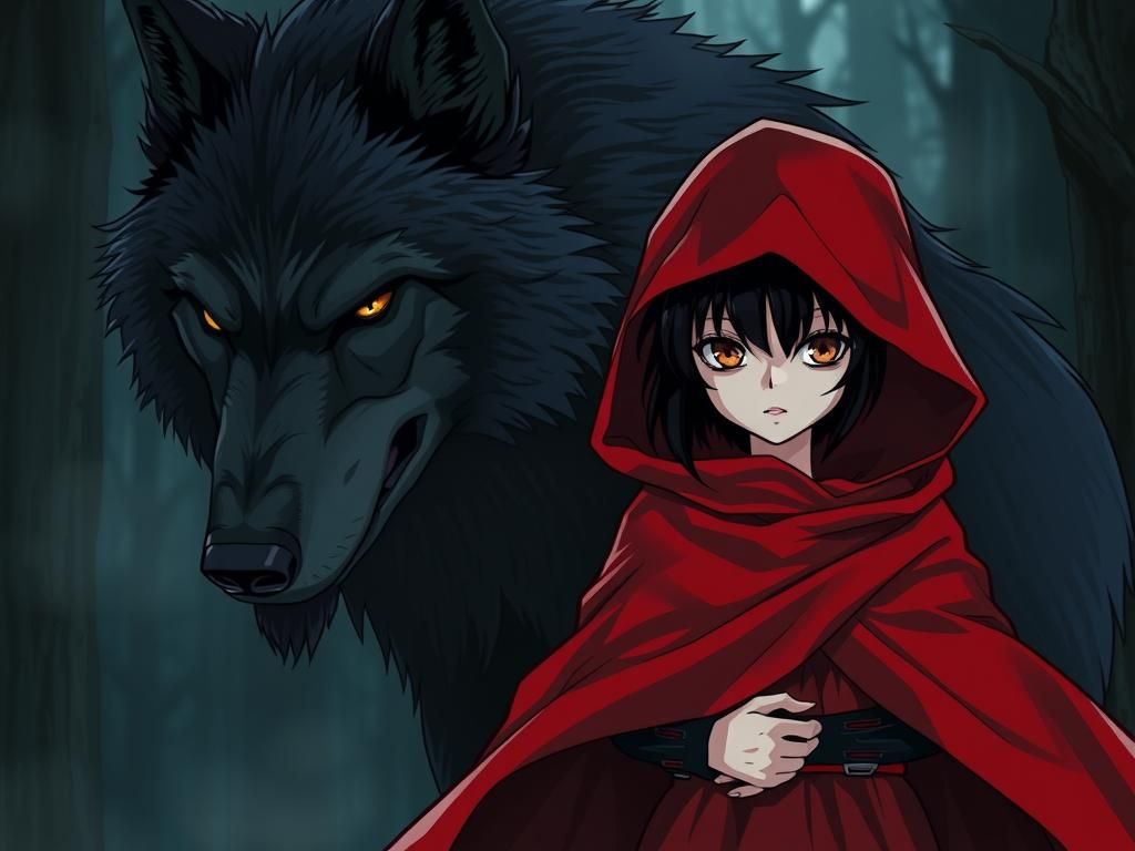 Red Riding Hood and Wolf in Gothic Anime Style