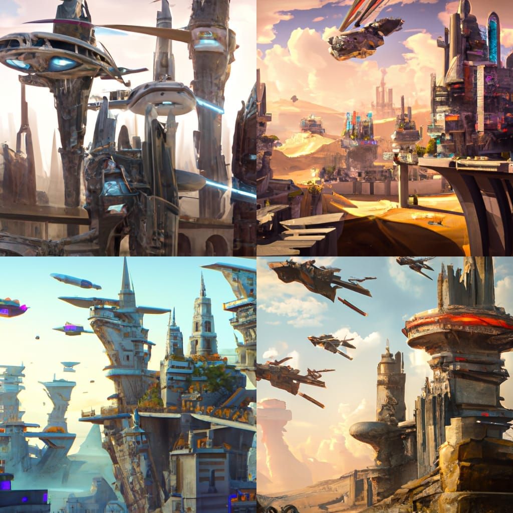 Futuristic Oasis Citadel with Flying Cars: Fantasy Concept A...