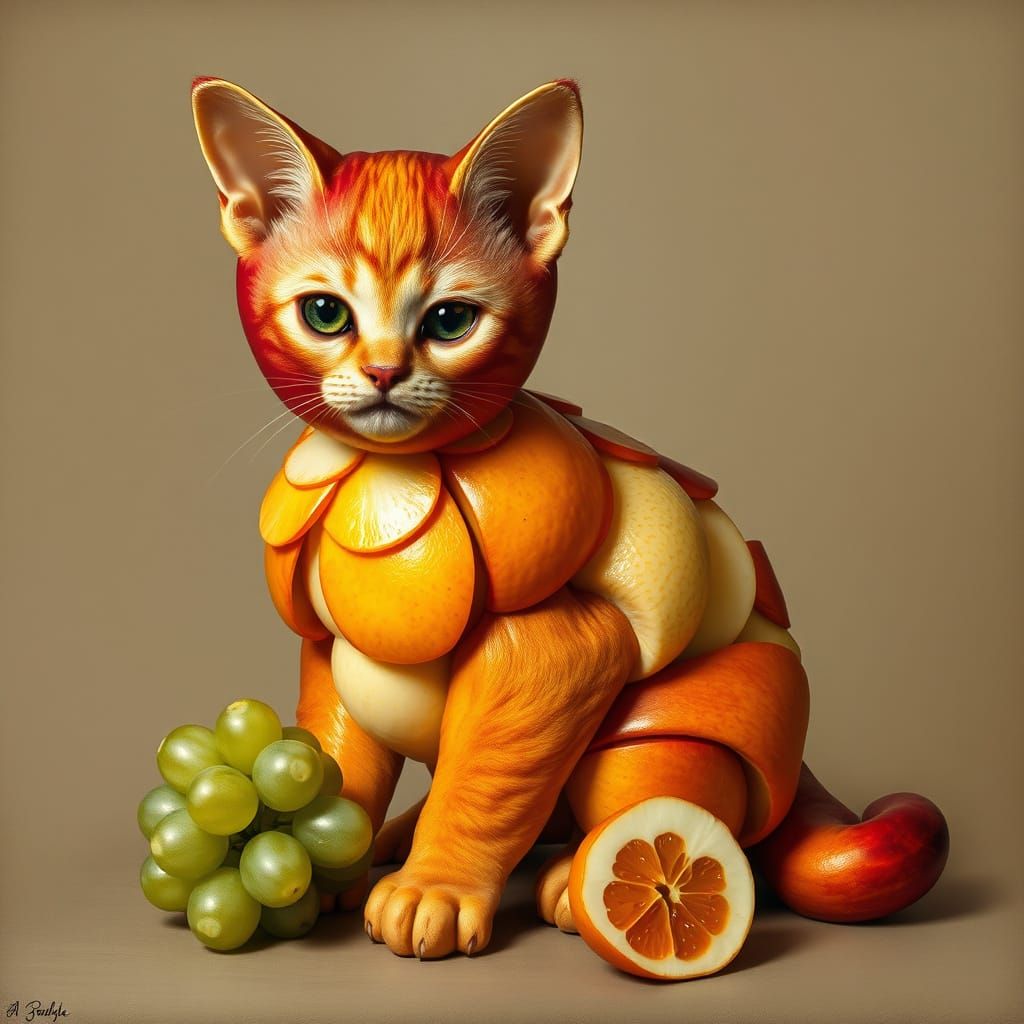Surrealist Fruitscape with Whimsical Kitten Form