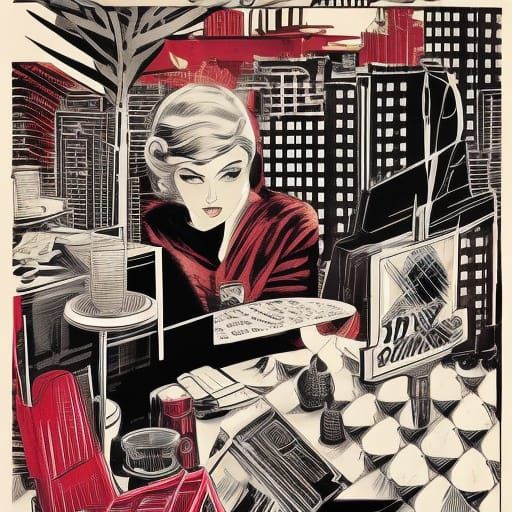 Gertrude sits in a dimly lit art deco lounge