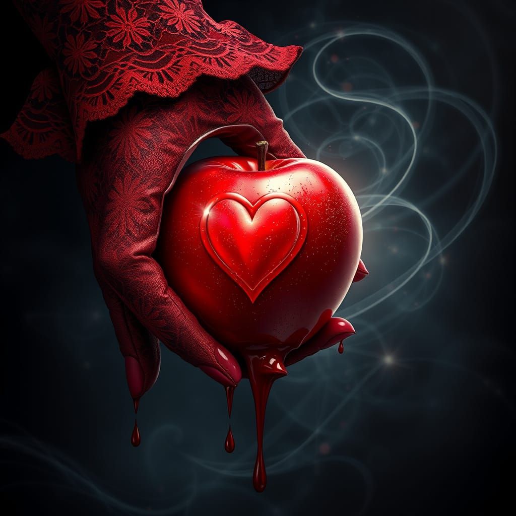 Gothic Romanticism: Crimson Glove Cradles Shimmering Apple