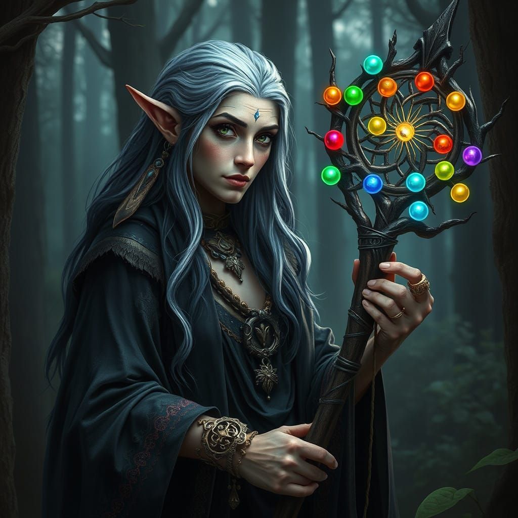 Mystical Elven Mage in Dark Forest