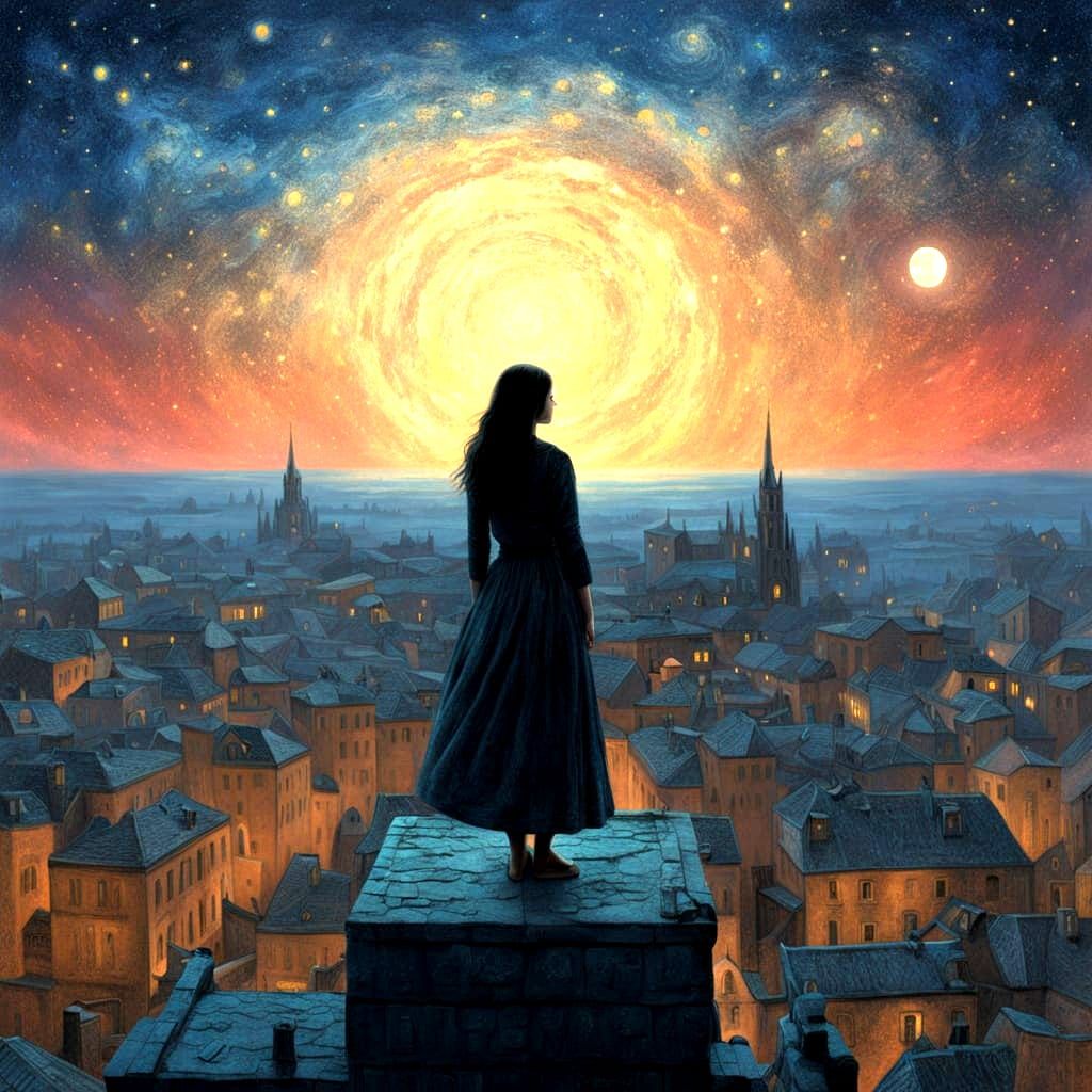 Ethereal Rooftop Scene with Gothic Architecture and Celestia...