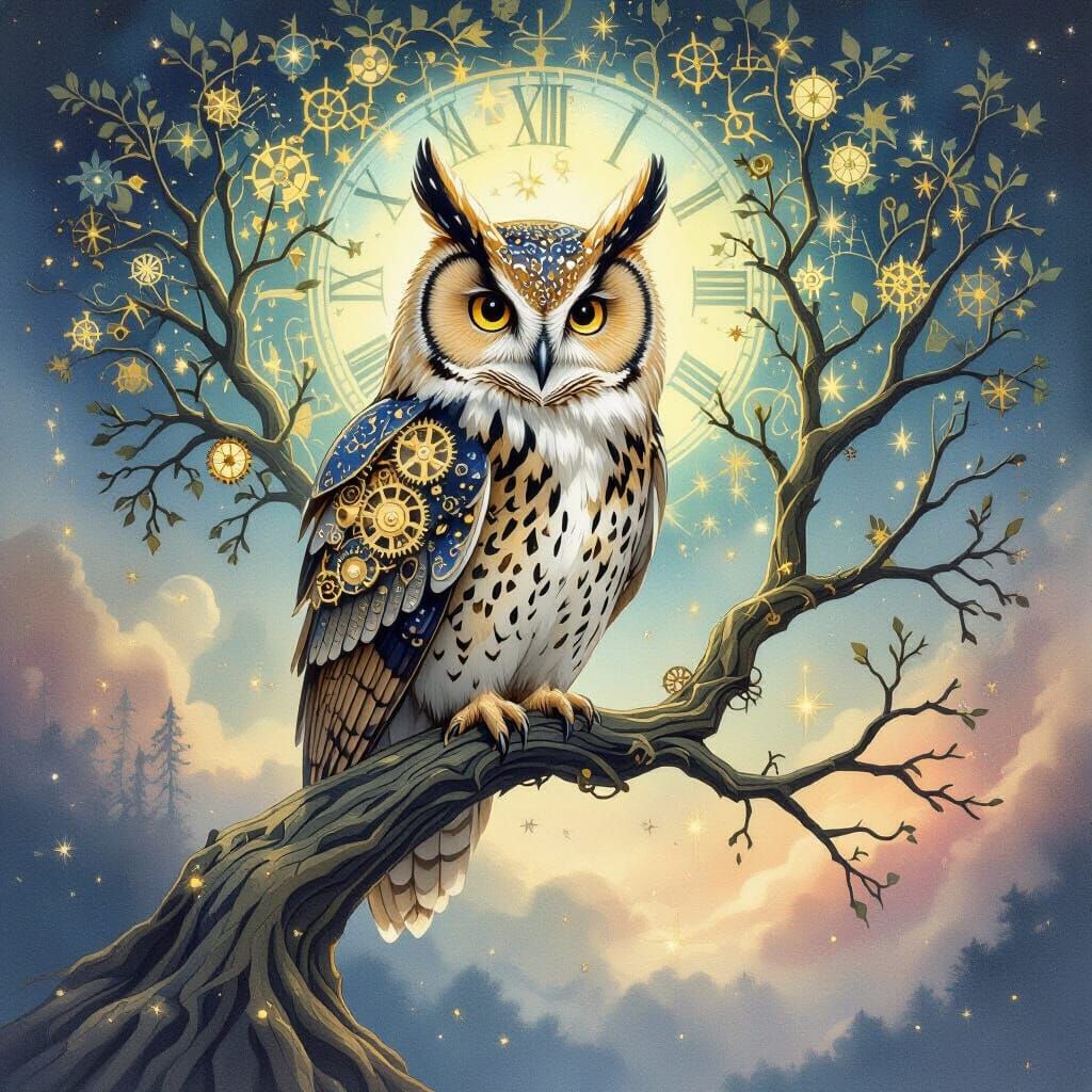 Clockwork Owl in Cosmic Watercolor Style