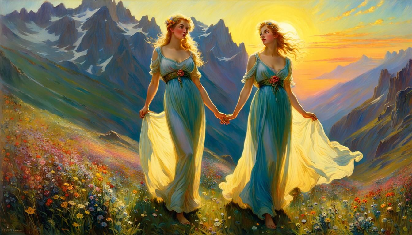 Alpine Meadow Sunset with Woman in Flowing Dress