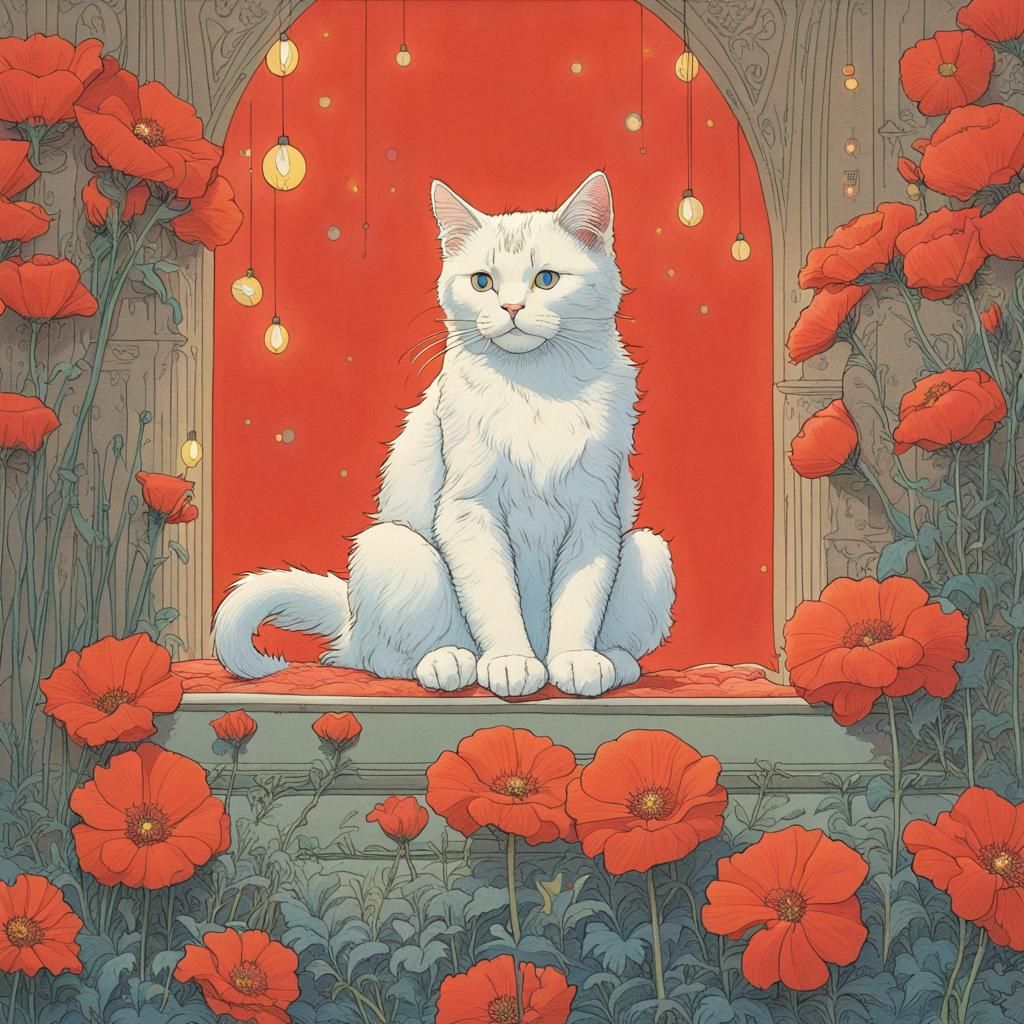 Cat with Flowers in Moebius Comic Style
