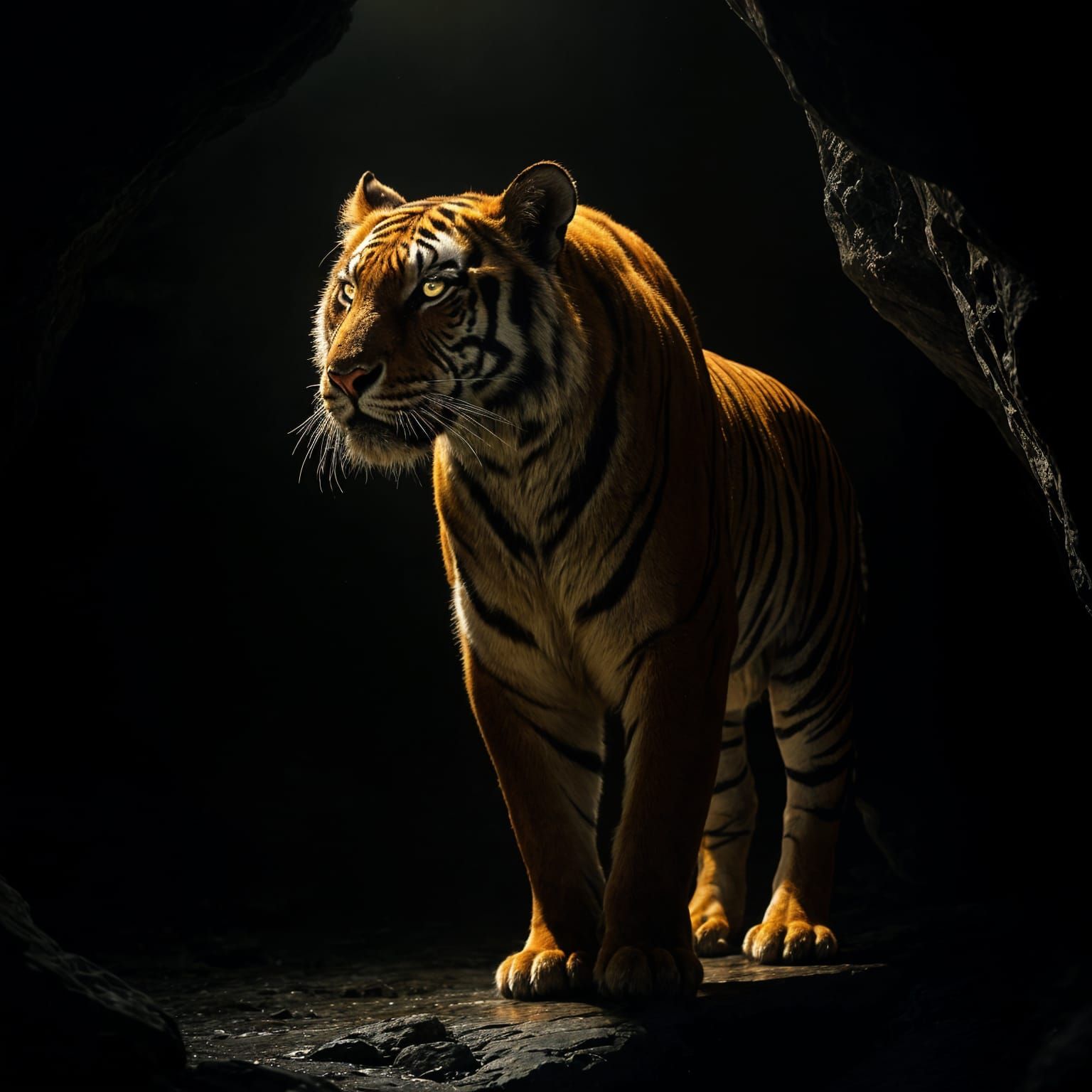Dramatic Tiger in Rocky Cave: Cinematic Film Still