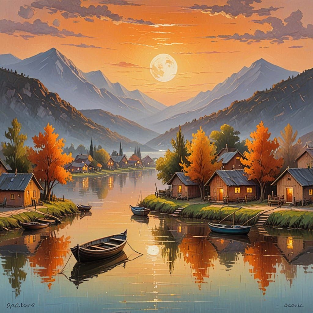 Golden Village Sunset: An Impasto Oil Painting