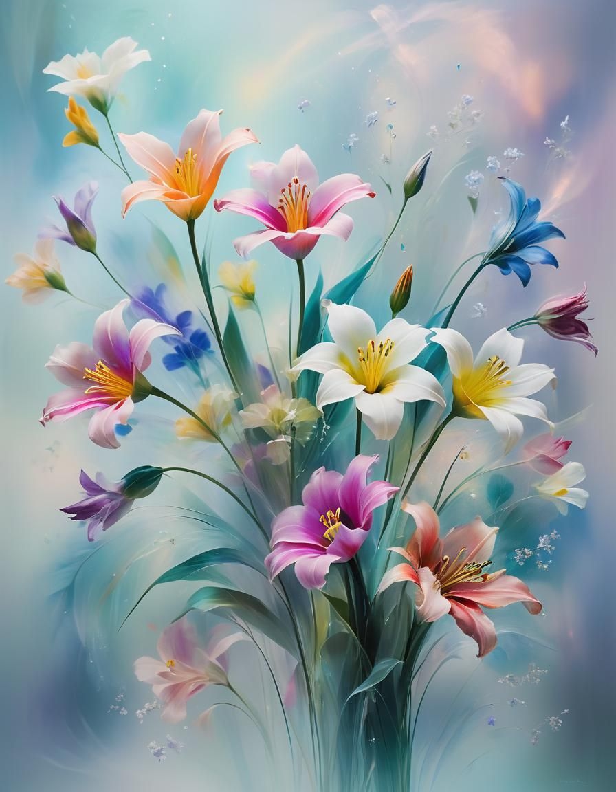 Luminescent Flowers Applaud in Dreamy Cubist Landscape