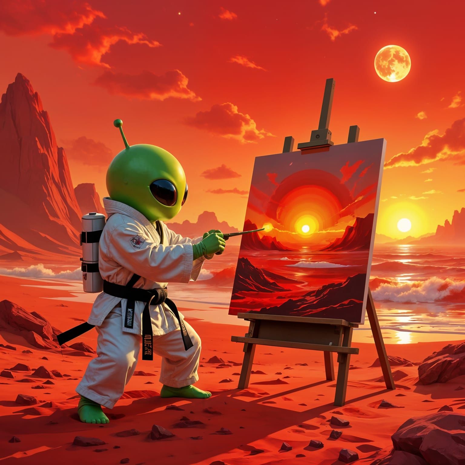 Adorable Alien Karate Master Paints Mars Seascape