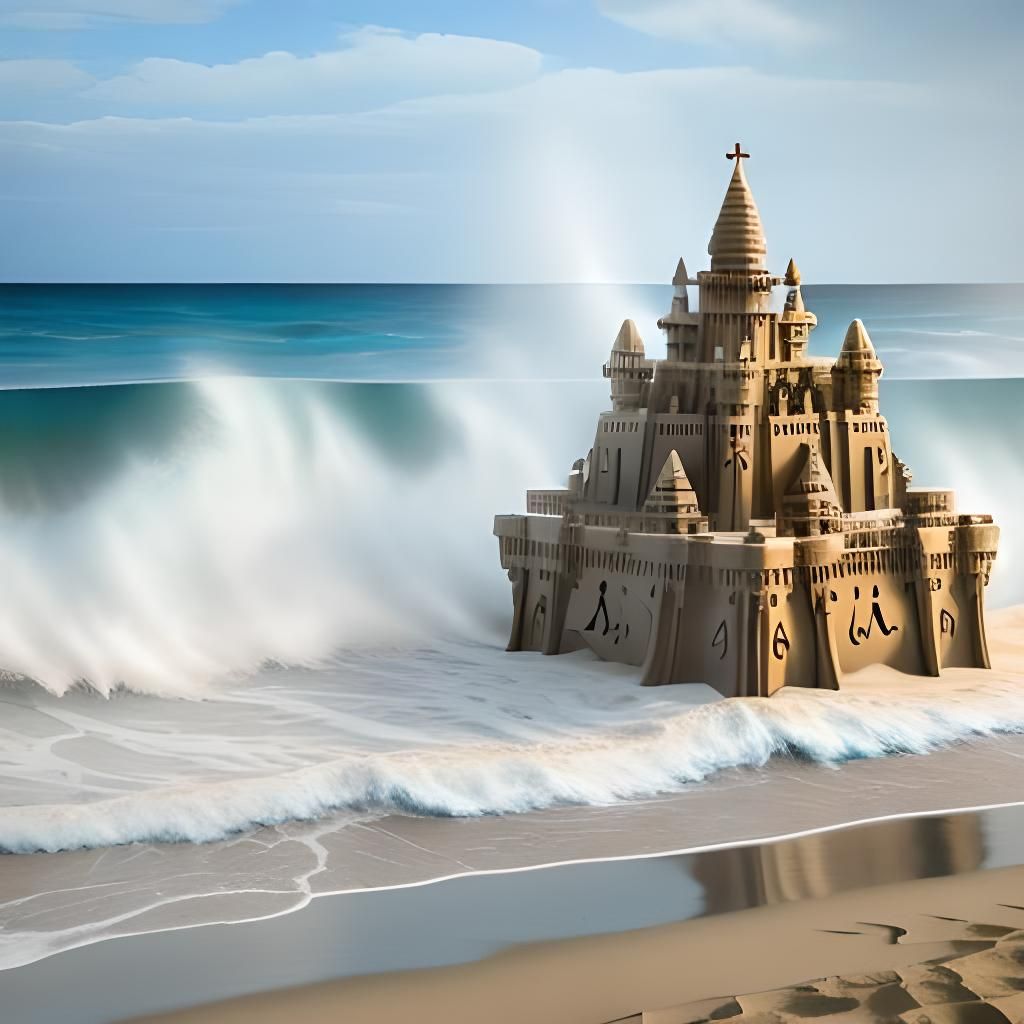 Waves Destroying Sandcastle: A Hyperrealistic Beach Scene