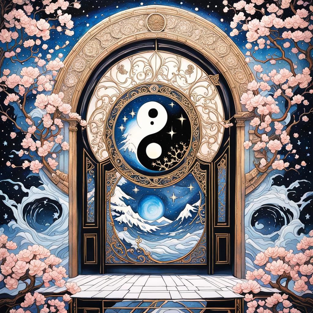 High Gothic Door with Ying Yang Symbol in Gouache Style