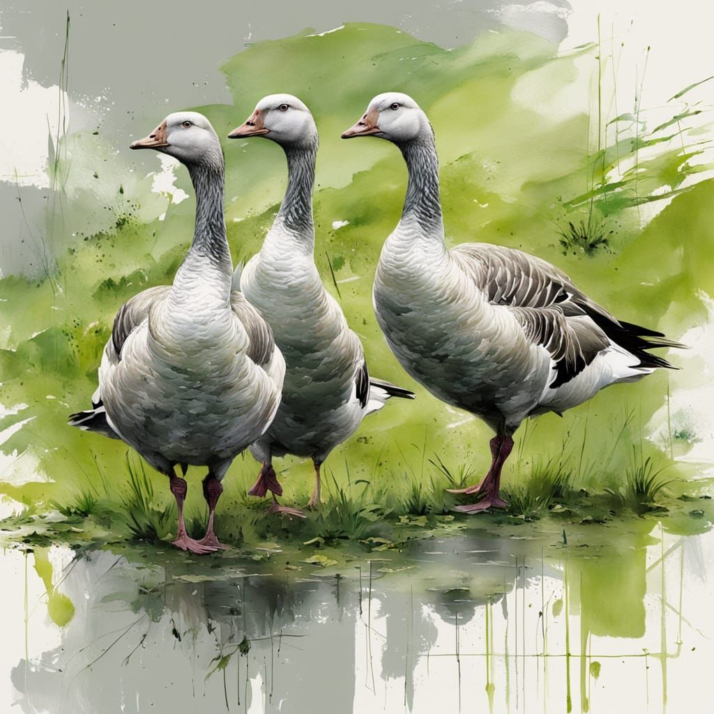 Three grey geese in a green field grazing. Grey were the gee...