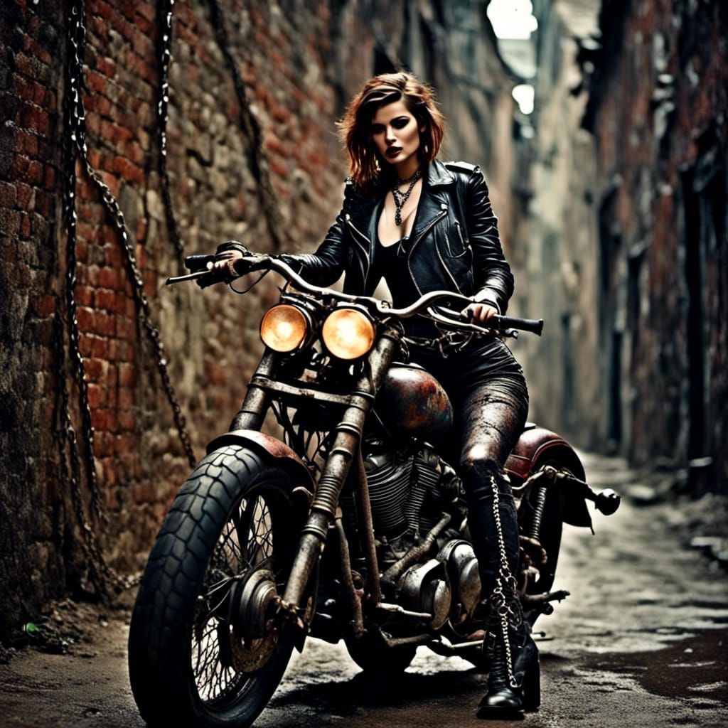 Biker Woman in Antique Watercolor Style
