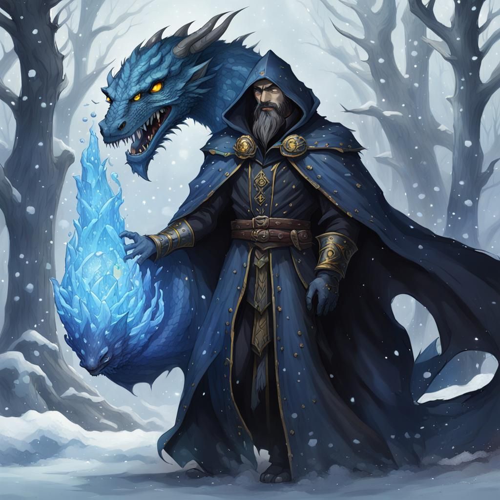Wizard with Dragon Casting Ice Blast, Fantasy Art