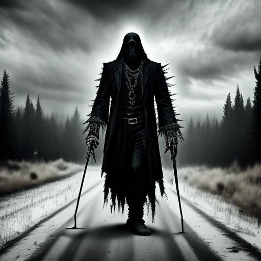 Chained Giant Haunts Lonely Road in Gothic Horror Style