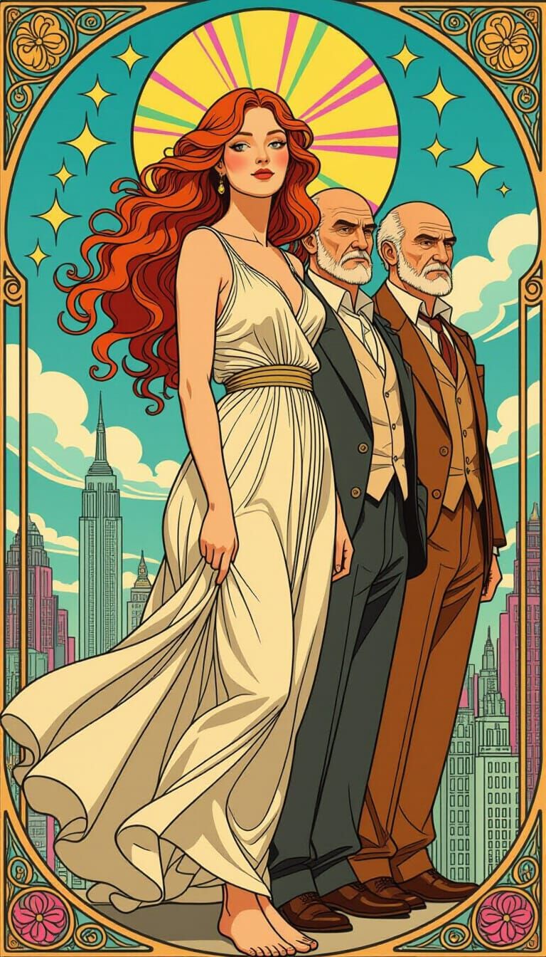 Art Nouveau Woman with Surreal Sky, in Mucha Style