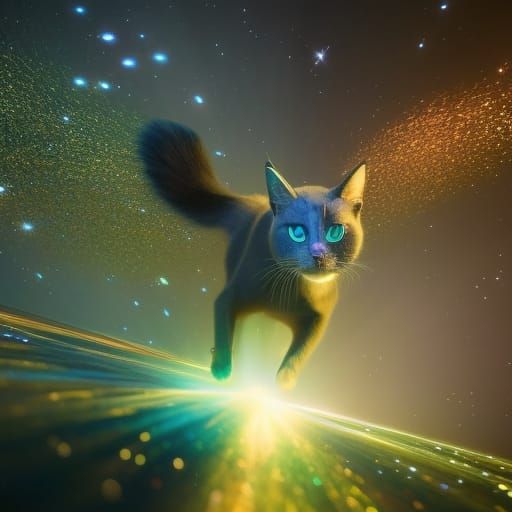 Iridescent Cosmic Cat Running in Fantasy Photo