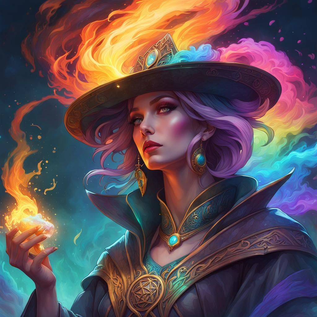 Rainbow Sorceress Conjuring Smoke, Detailed Portrait