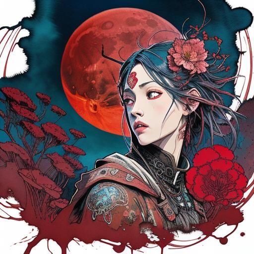 Disturbing Bloodmoon Landscape in Digital Watercolor