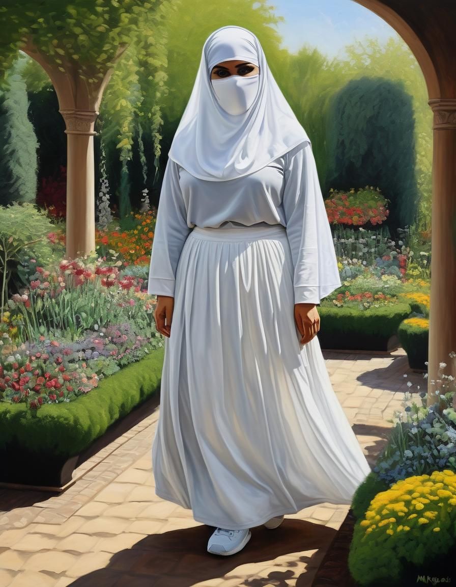 Smiling Niqabi Woman in Garden, Oil Painting