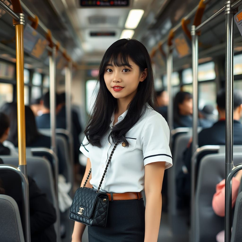 Young Woman in School Uniform on Crowded Bus