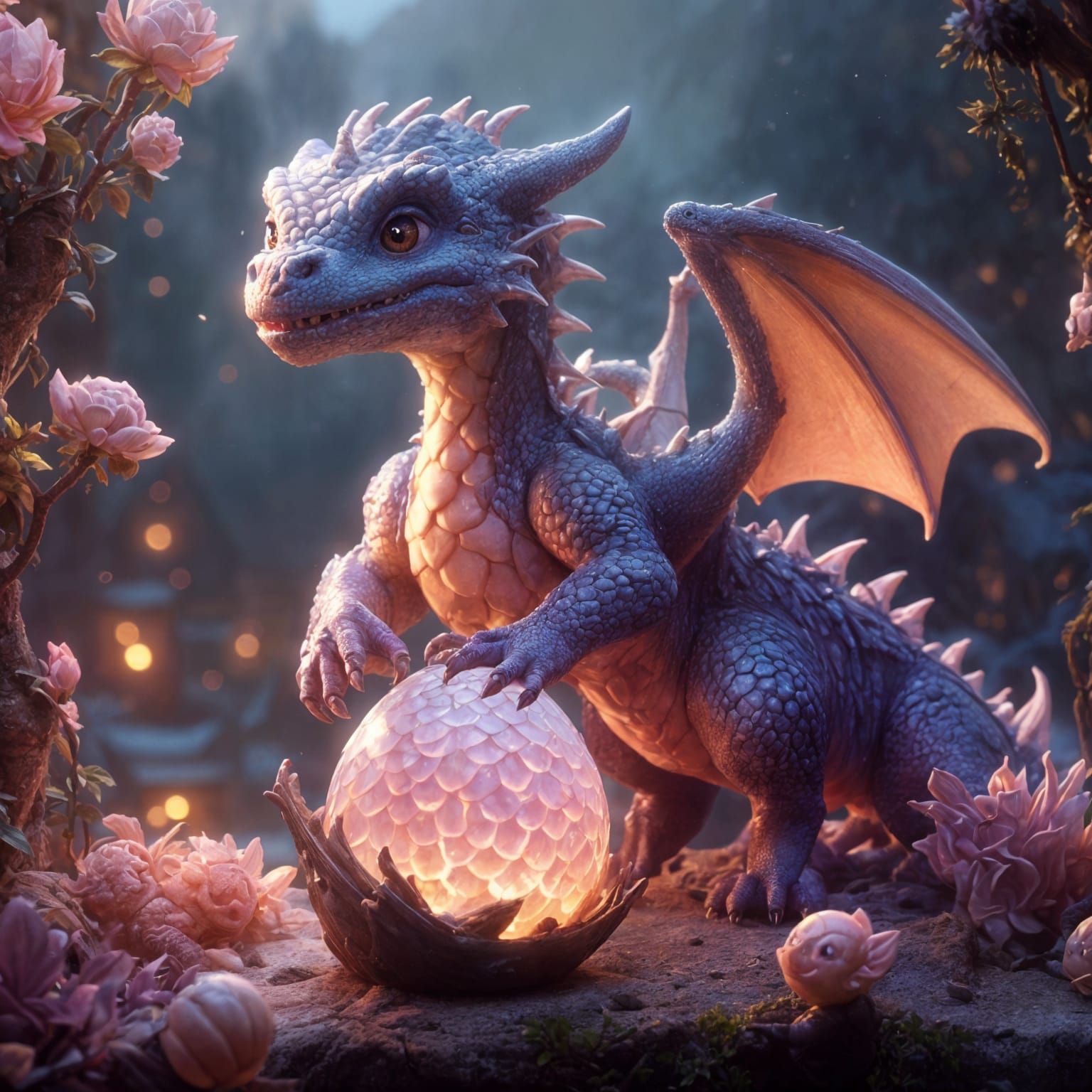 Sweet Baby Dragon and Egg in Ethereal Style