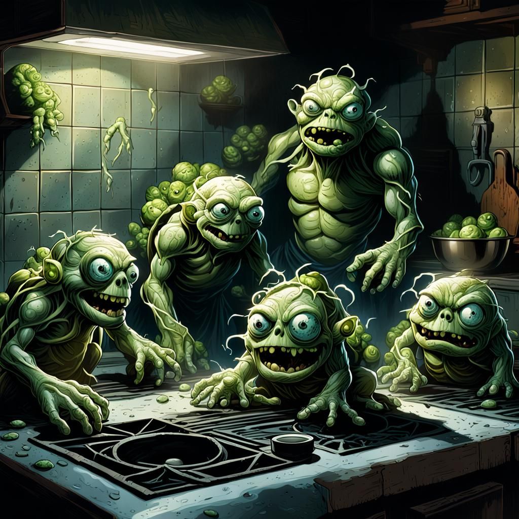 Brussels Sprouts Monsters in Comic Book Horror Style