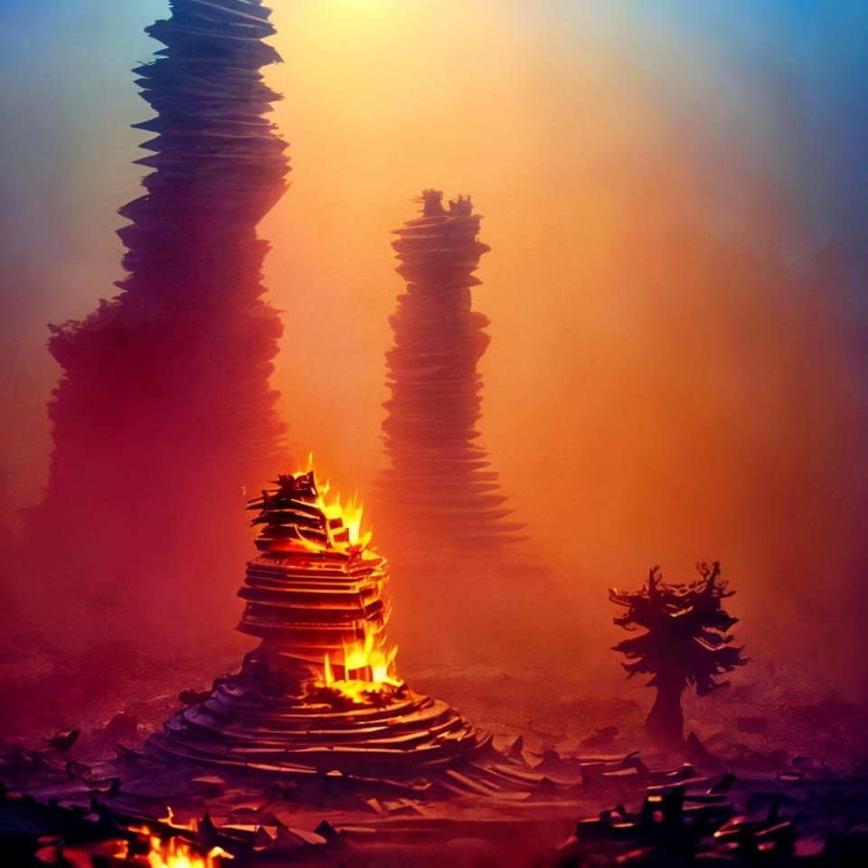 Woman Surrounded by Flames in Vibrant Digital Art