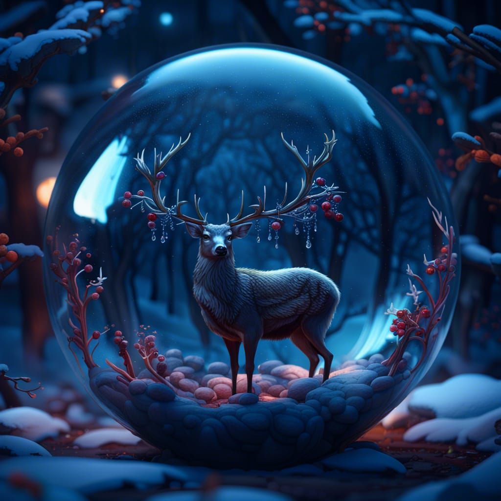 Winter Night Deer and Rowan in Glass Ball