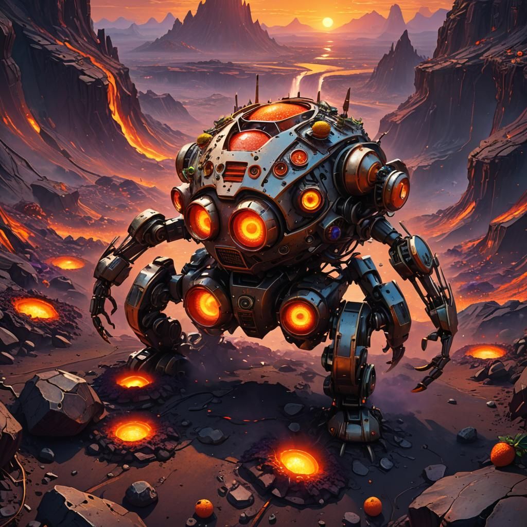 Strawberry Robot Mining Lava Crystals on the Sun