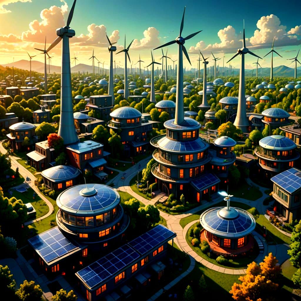 Sustainable Futuristic Eco Village in a Cyberpunk Aesthetic
