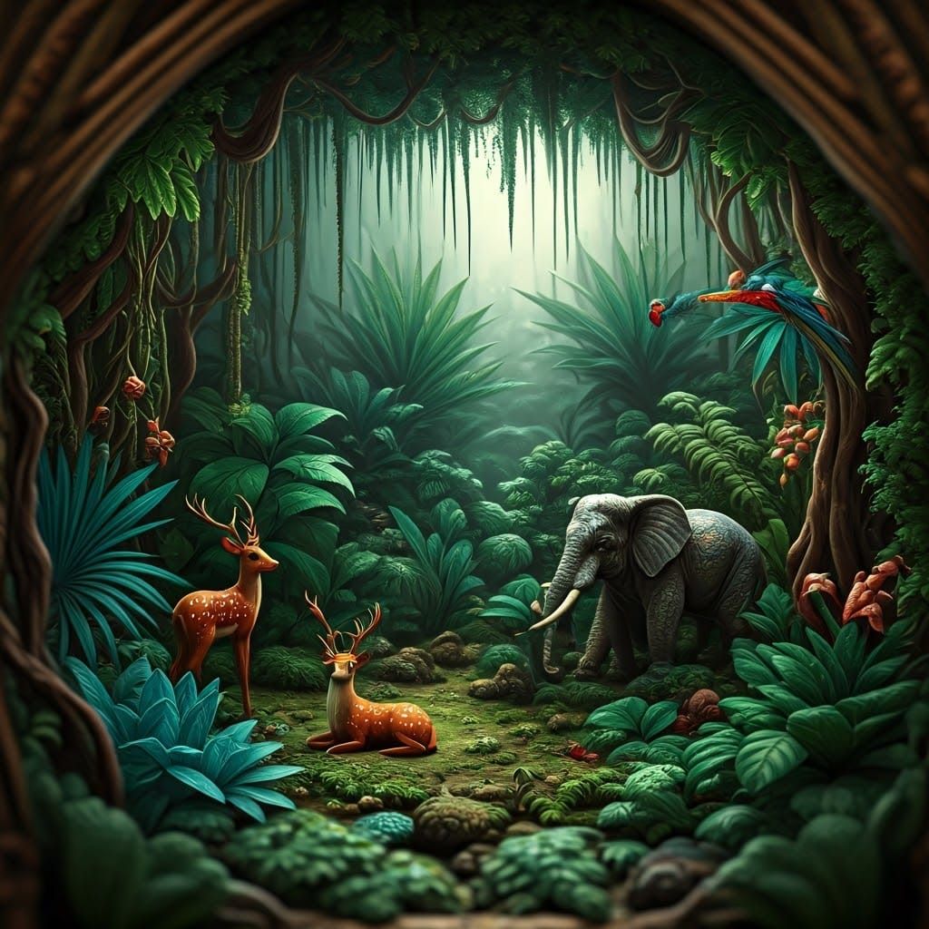 Enameled Glass Diorama of a Lush Jungle Scene