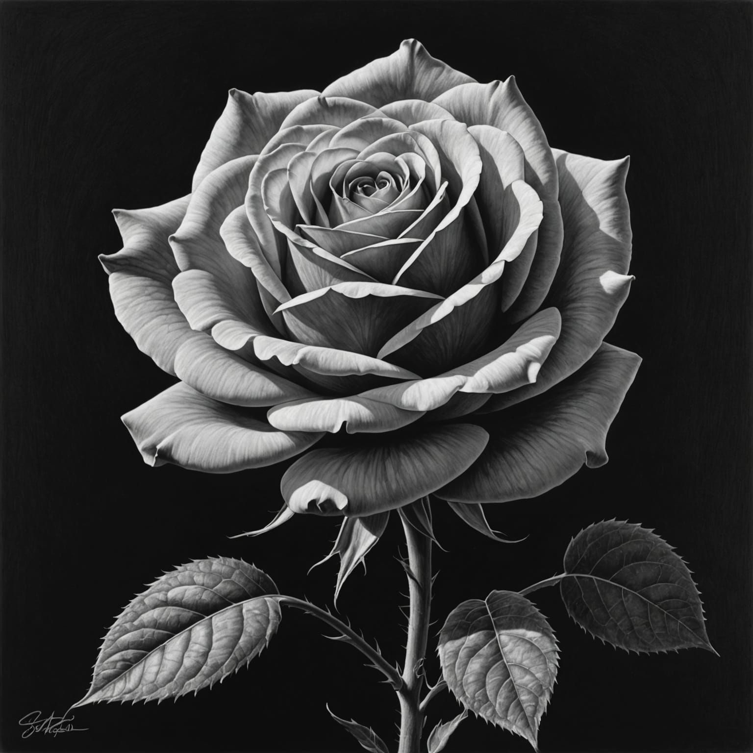 Intricate Charcoal Rose Drawing in Black and White