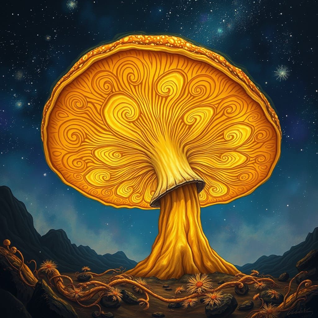 Gigantic Golden Mushroom Under Starry Sky