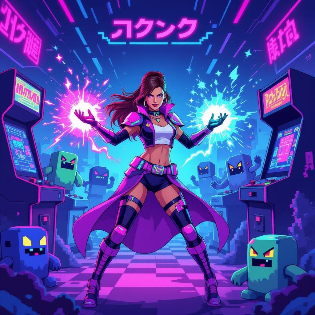 Sorceress Casting Neon Spells in Retro Arcade