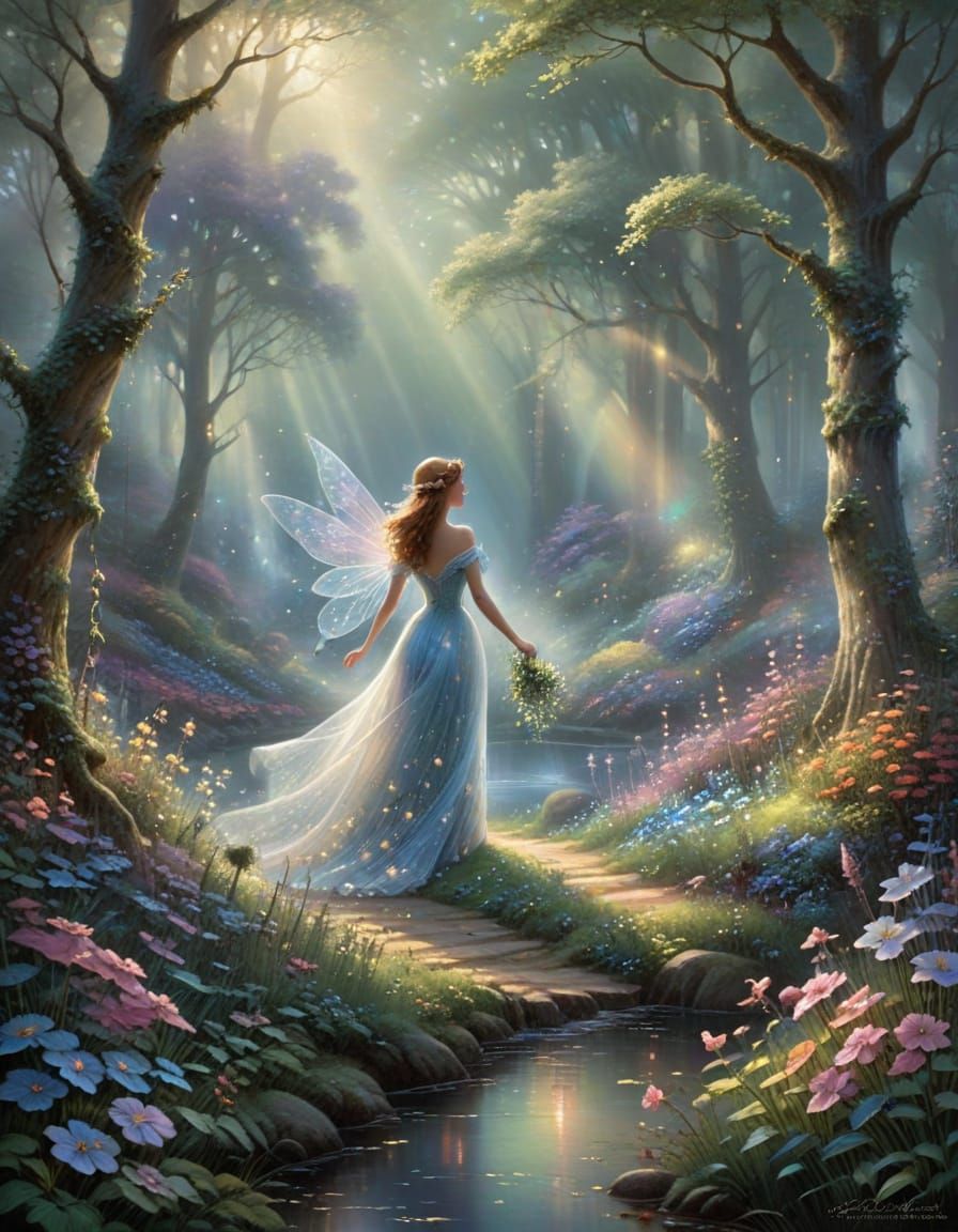 Magical Forest with Ethereal Fairies in Iridescent Gowns