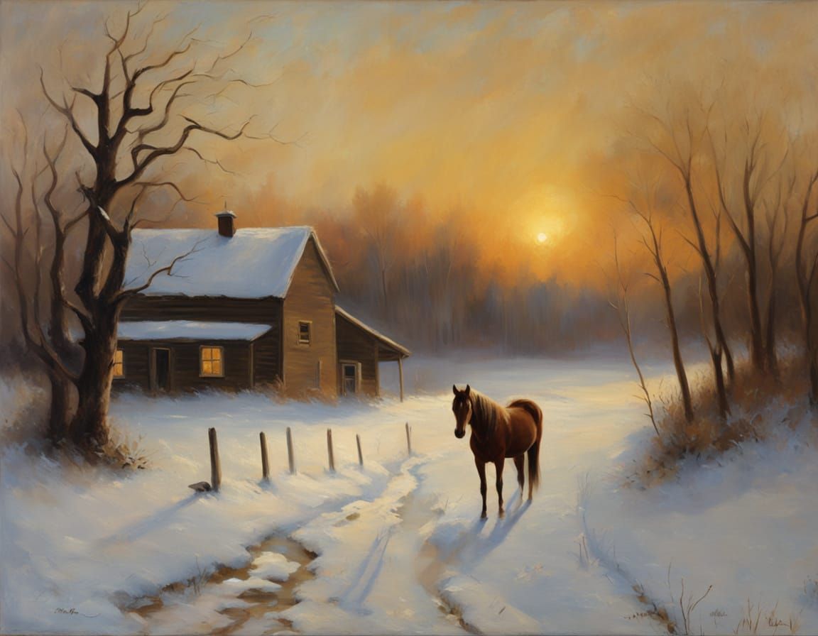 Farmhouse Window Glow in Tonalist Winter Scene