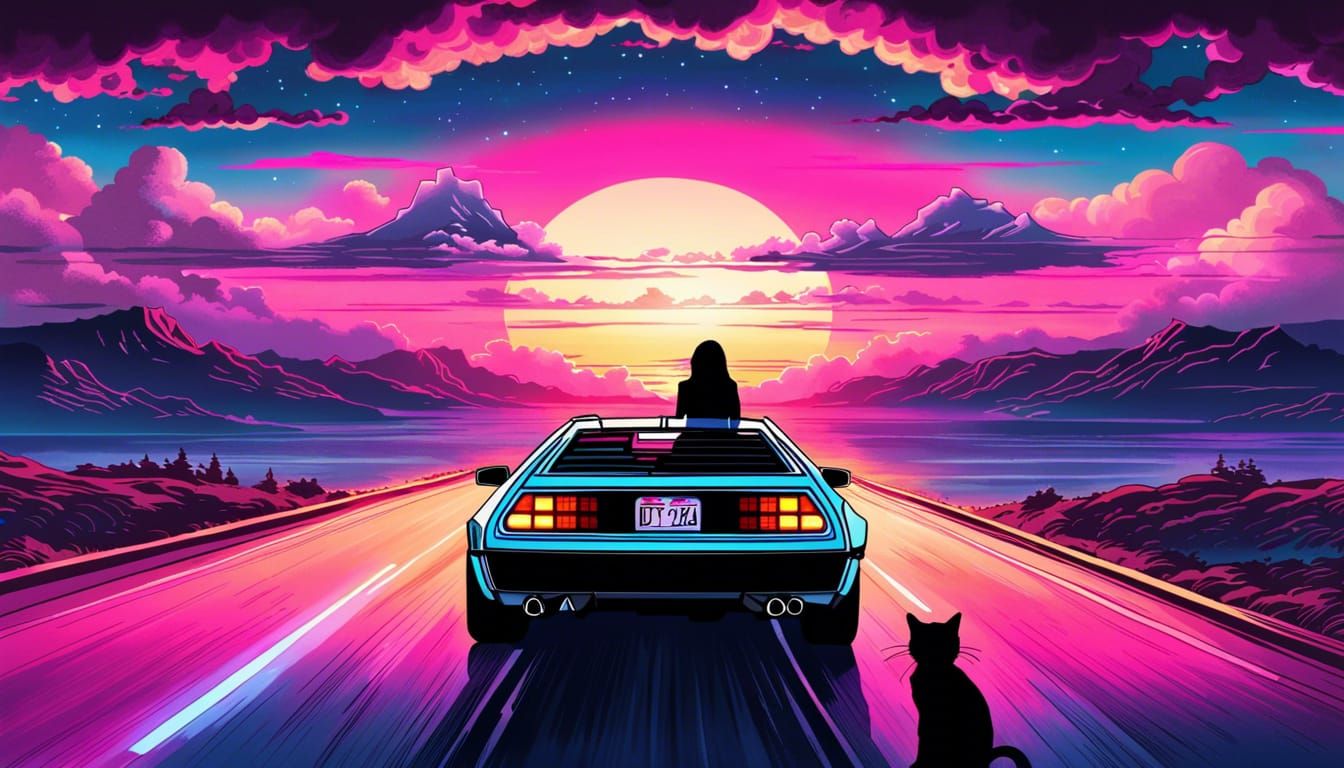 Synthwave DeLorean Sunset with Kissing Cat Girls