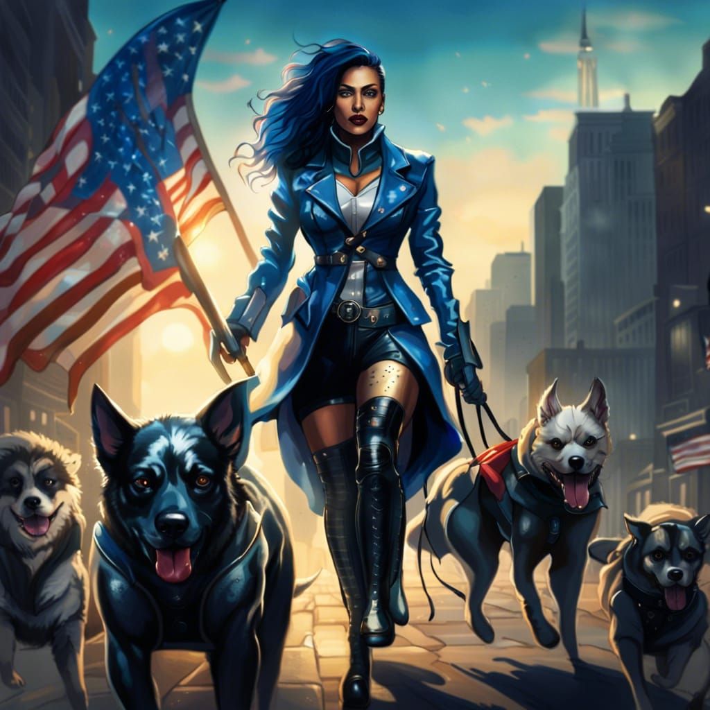Woman with Dog in Chaotic Protest, Fantasy Art