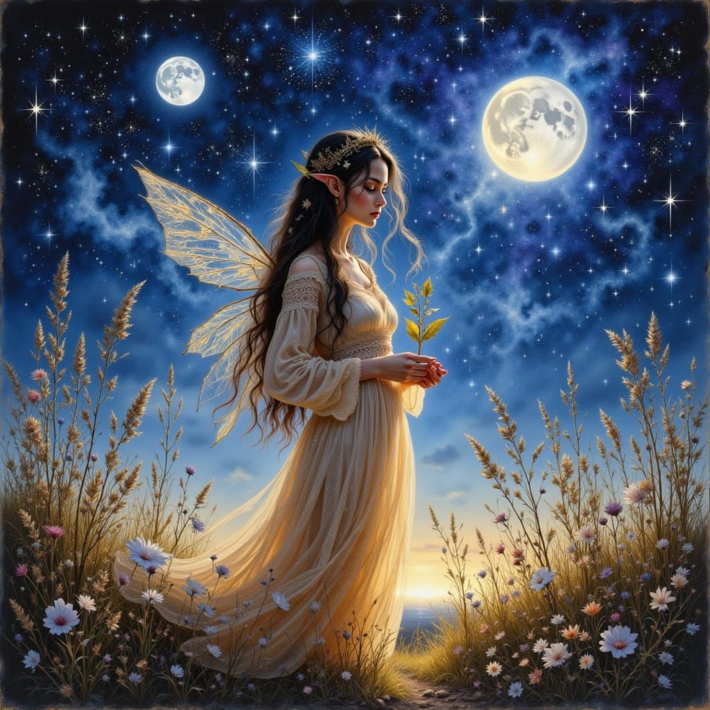 Magical Elf in Twilight Landscape with Two Moons