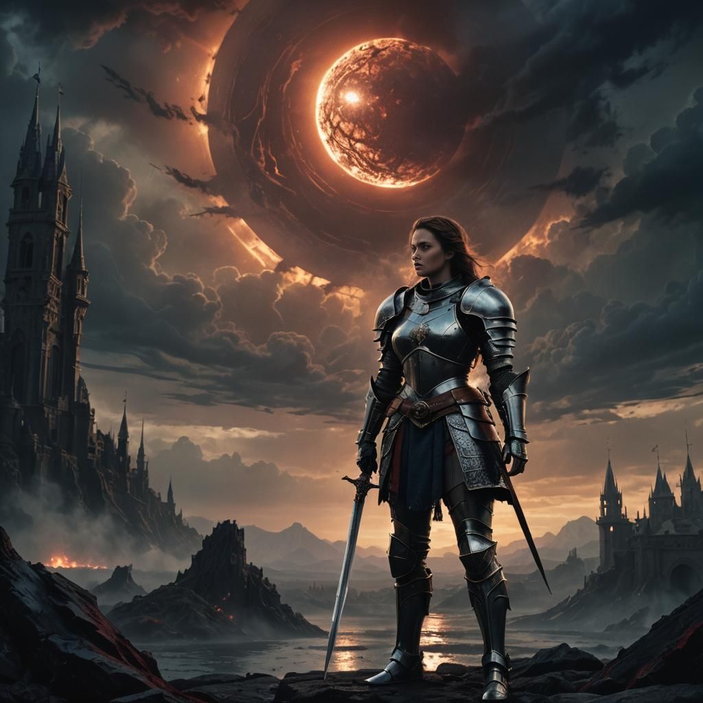 Female Knight Under Black Sun: Dark Fantasy Art