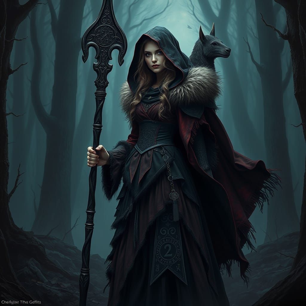 Fantasy Woman with Magic Staff in Twilight Forest