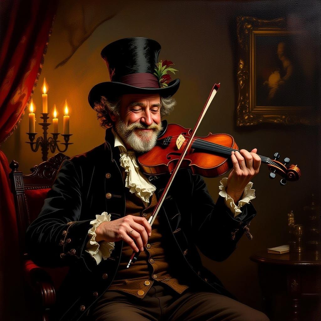 Victorian Fiddler in Candlelit Room, Oil Painting Style