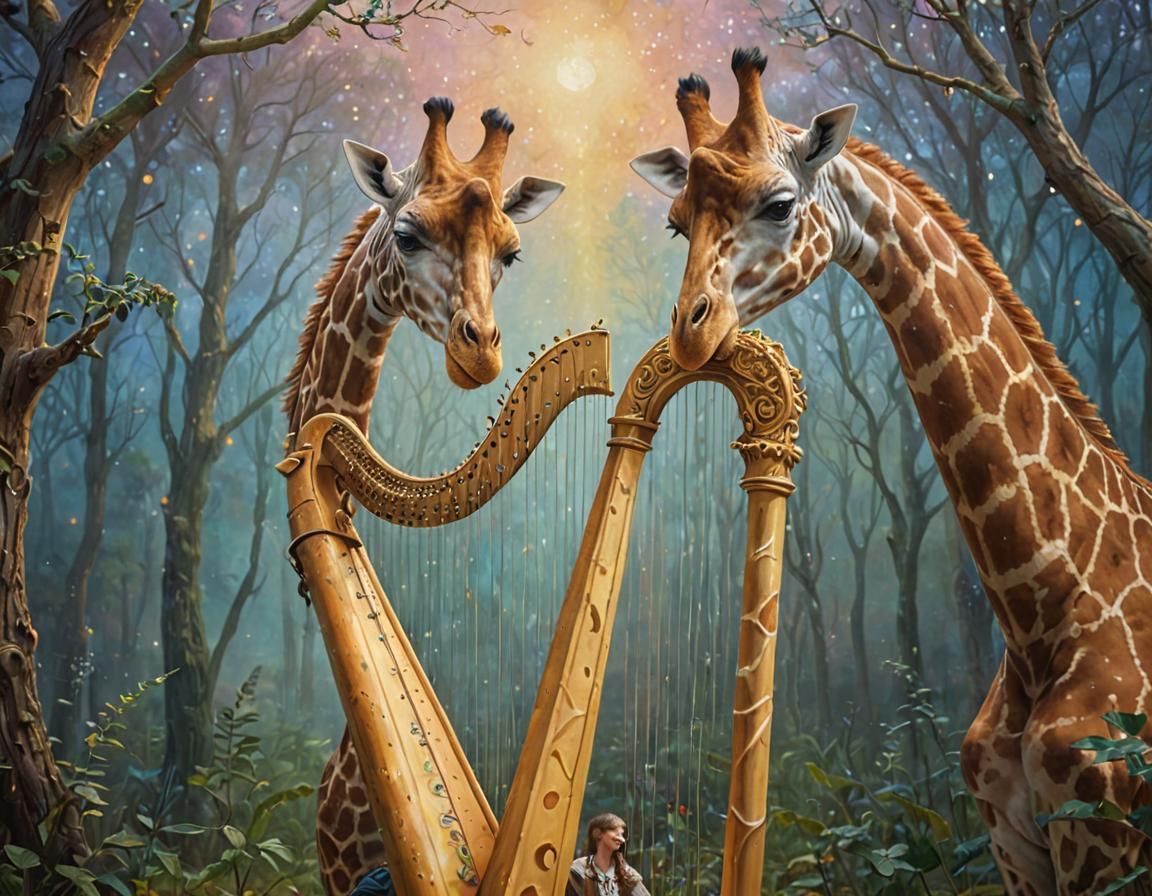 Giraffe Plays Harp in Mystical Forest: Oil Painting