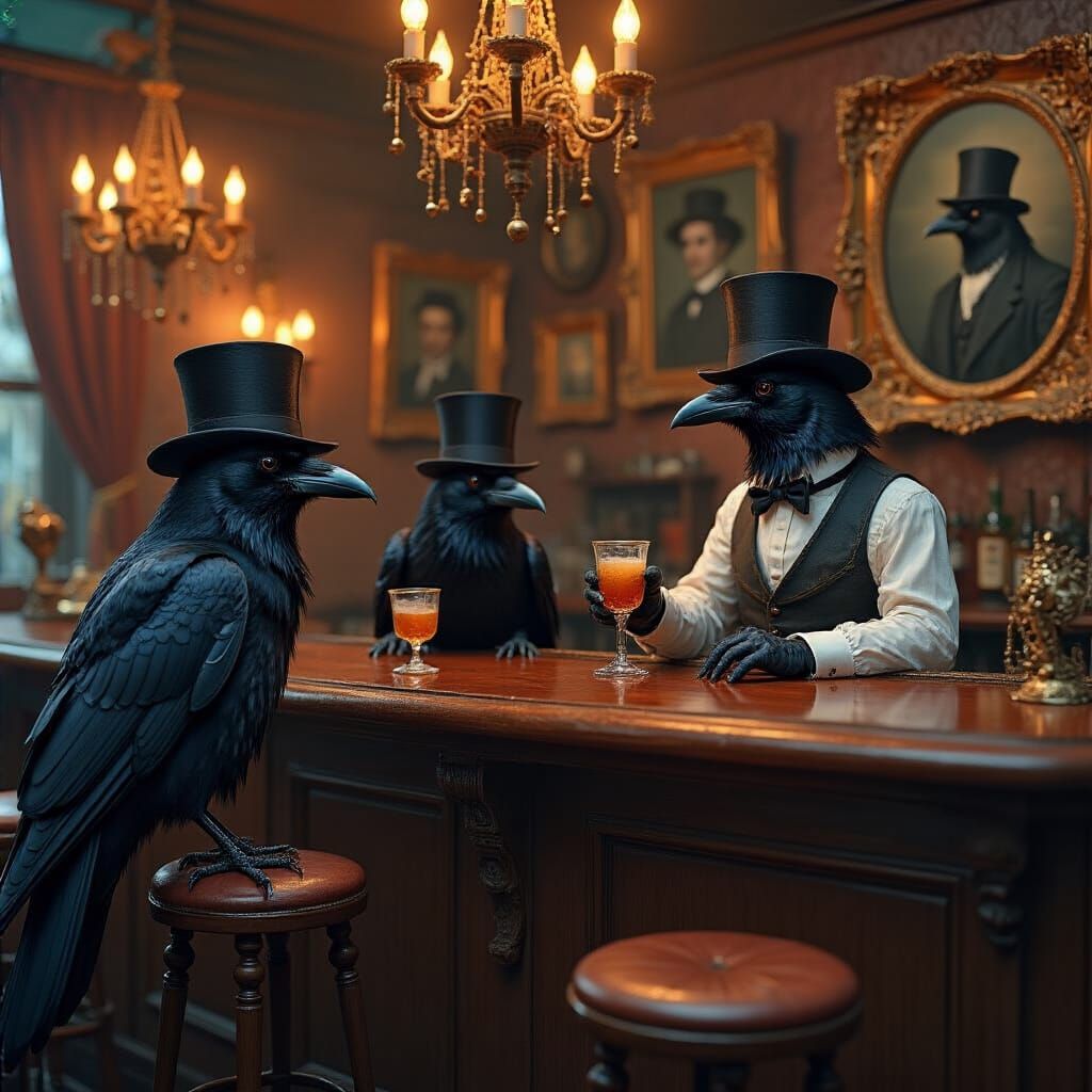 Crows in Top Hats at Whimsical Bar