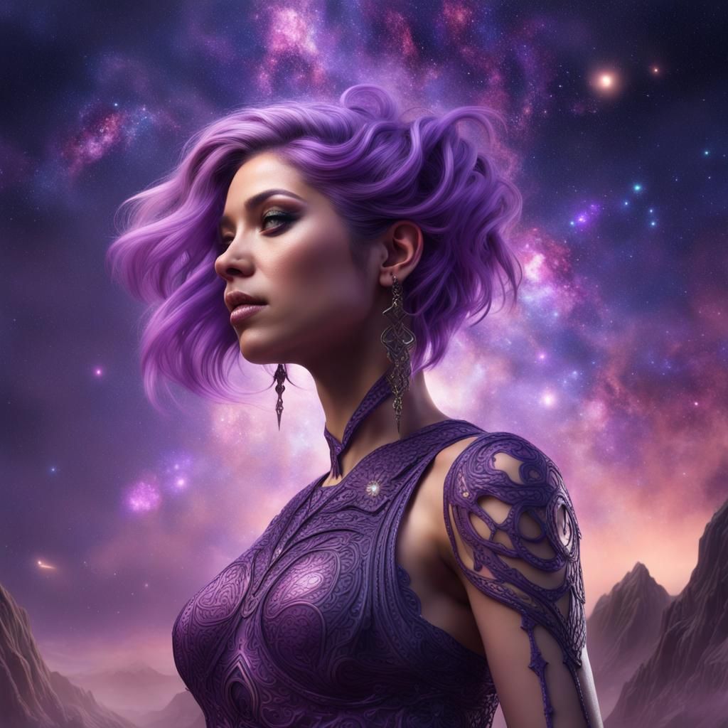 Galactic Goddess with Purple Hair: Fantasy Art