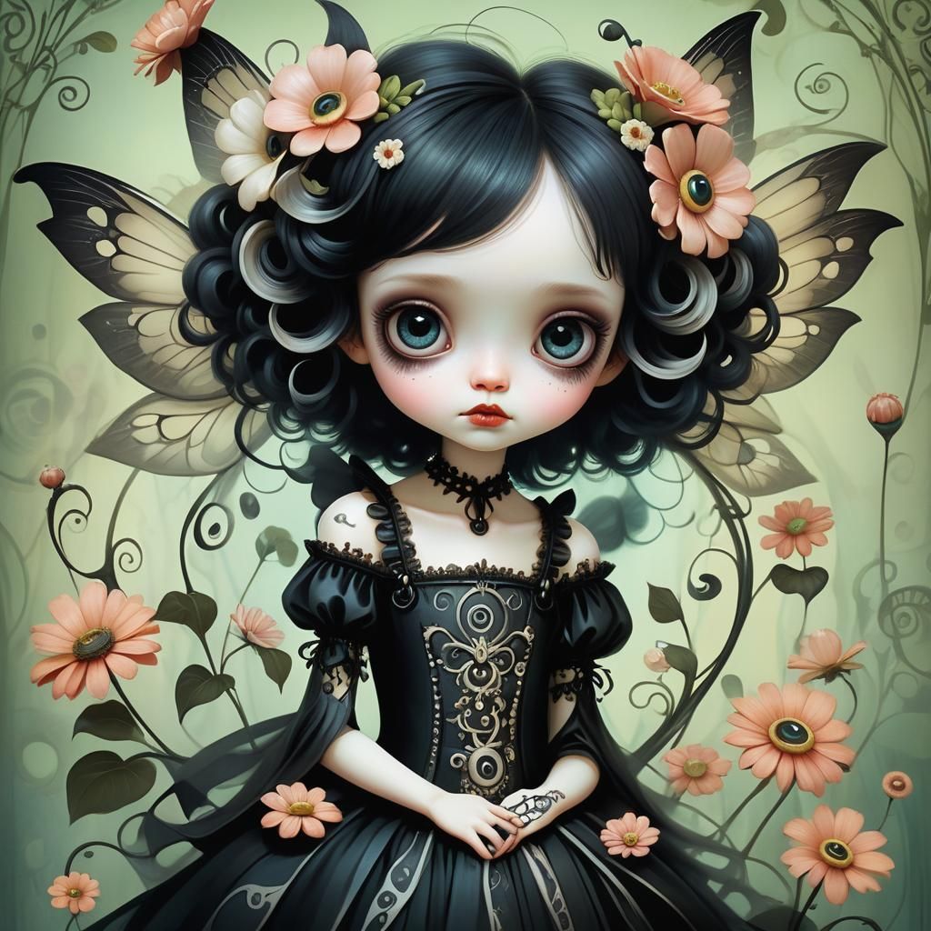 Chibi Goth Flower Fairy Portrait in Digital Art Style