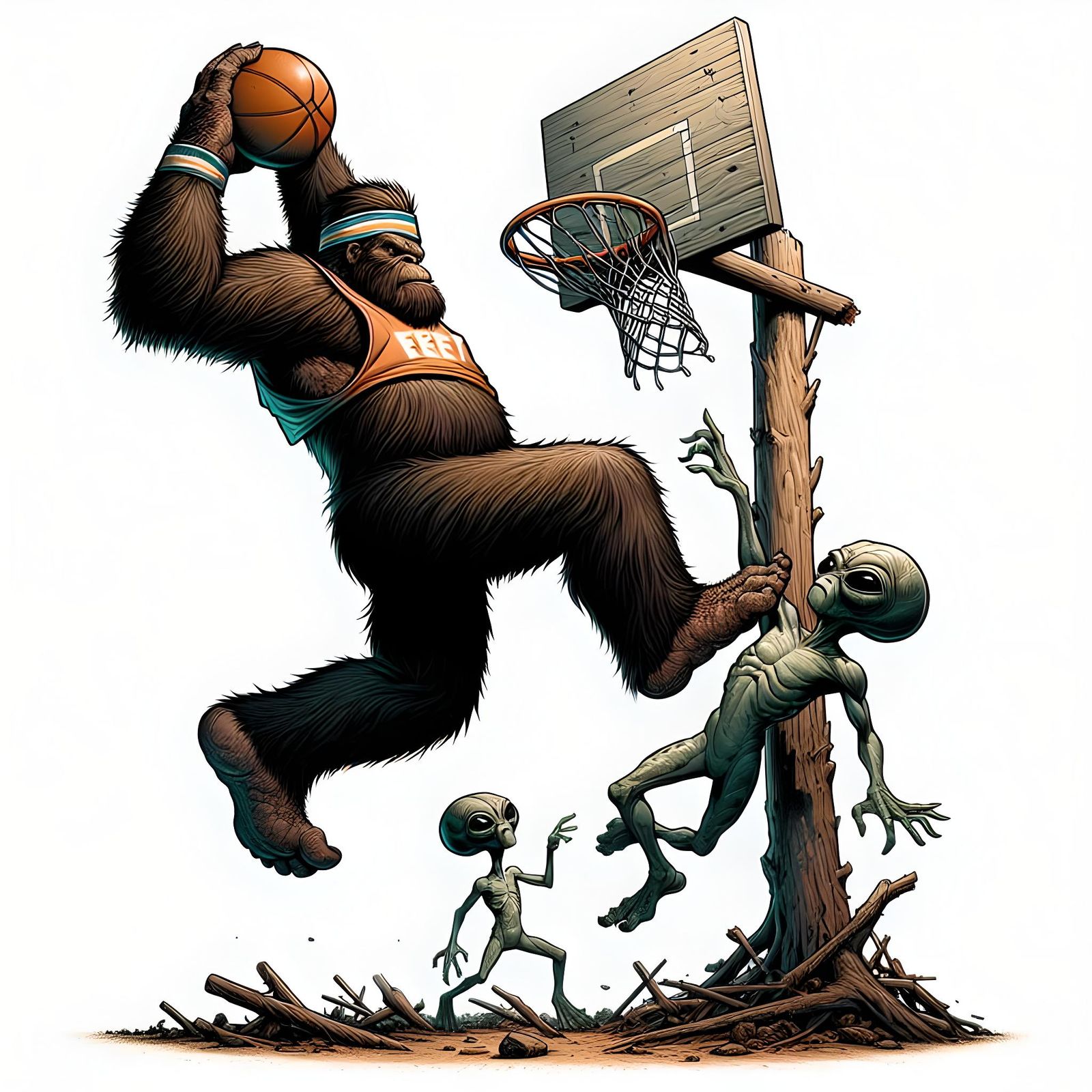 Sasquatch Slam Dunk Over Alien in Forest