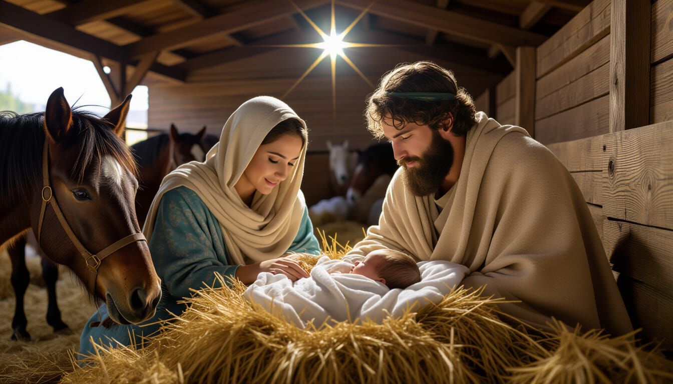 Nativity Scene: Baby Jesus in Stable with Mary and Joseph